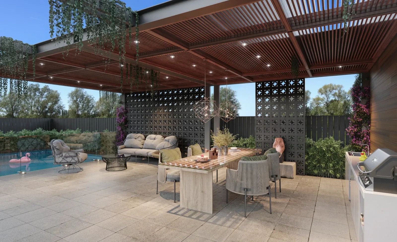 Nexa alfresco design inspiration with outdoor dining, greenery and a timber pergola