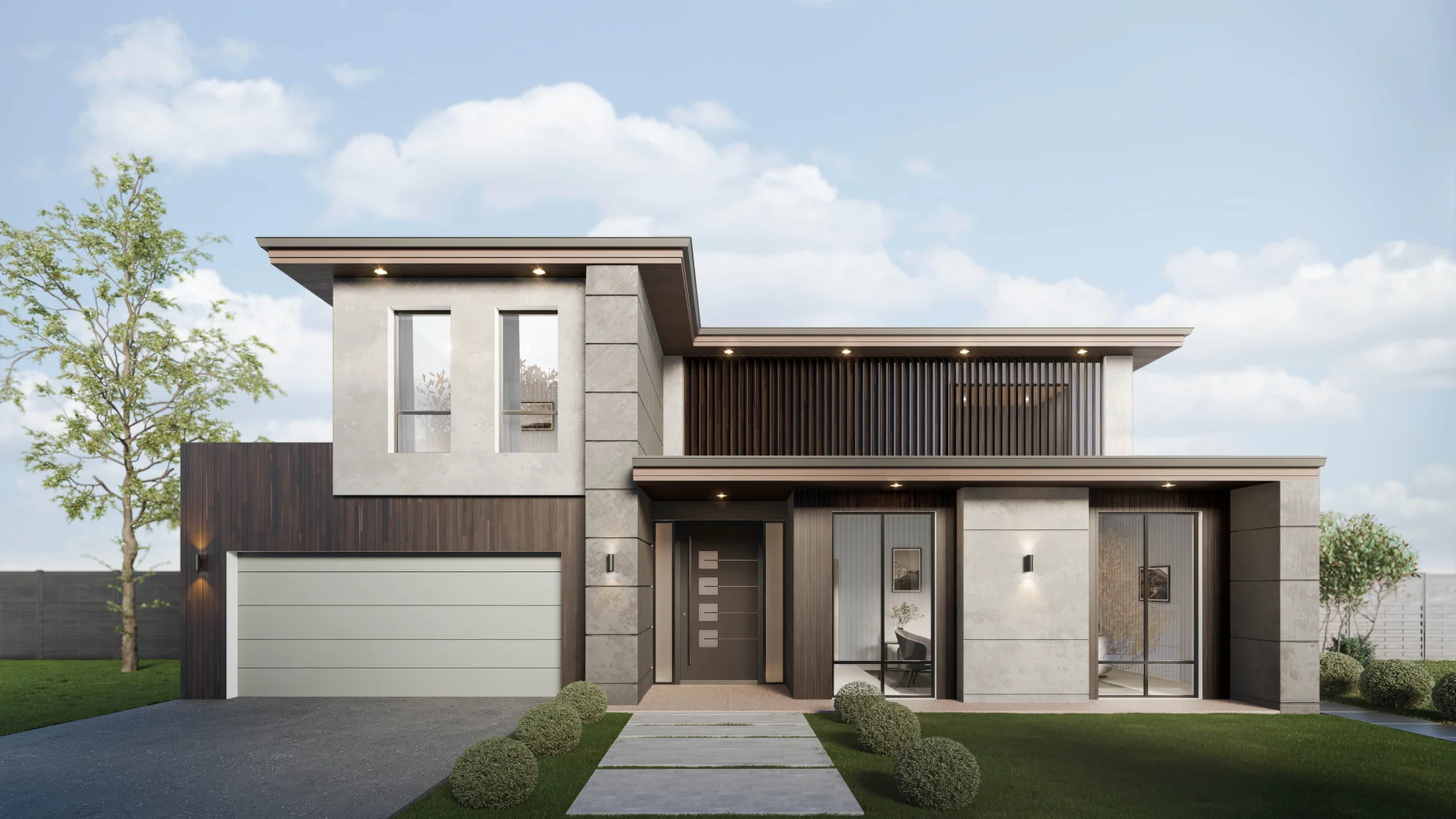 Tryst home design: a contemporary two-storey facade with stone and timber finishes, architectural render